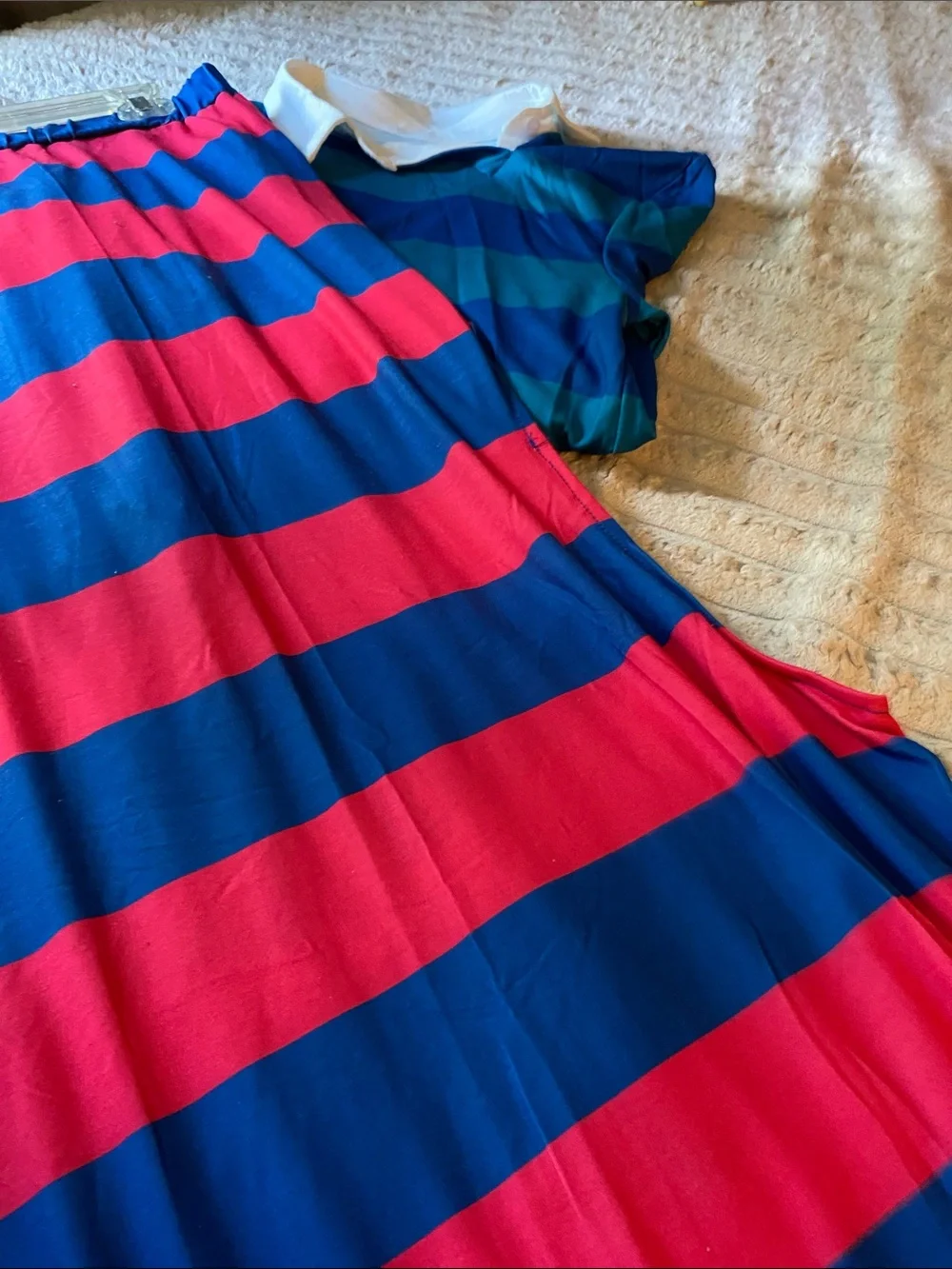 NWOT, Striped Polo Shirt White Asymmetrical Collar Blue/Teal and Red/Blue Skirt